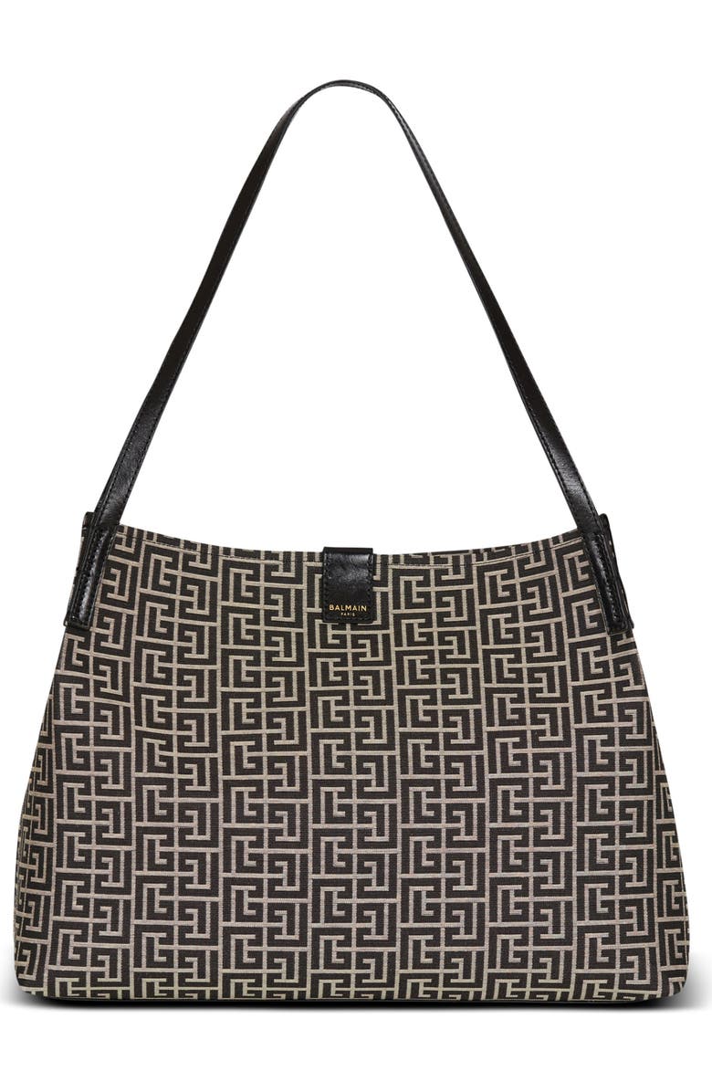 Balmain Medium Release Shopper bag in monogram jacquard and calfskin leather, Main, color, Black