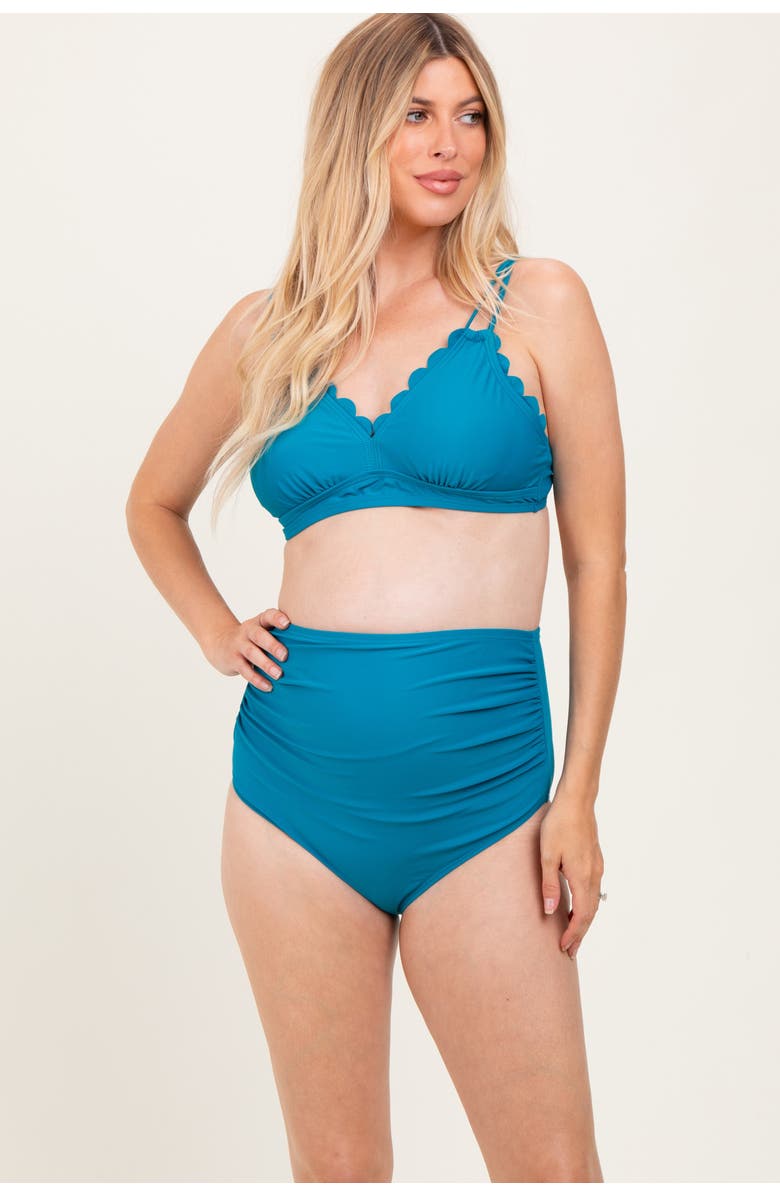PinkBlush Scalloped V-Neck High Waist Two-Piece Swimsuit, Main, color, Teal