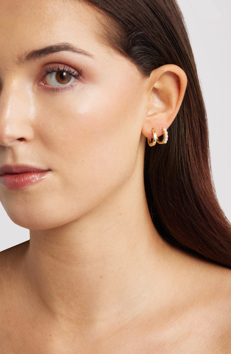 Chelsea28 Set of 3 Demi Fine Huggie Hoop Earrings, Alternate, color, White- Clear- Gold