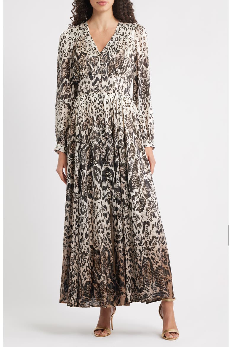 The Alba Metallic Long Sleeve Silk Maxi Dress, Main, color, SUNSET LEOPARD