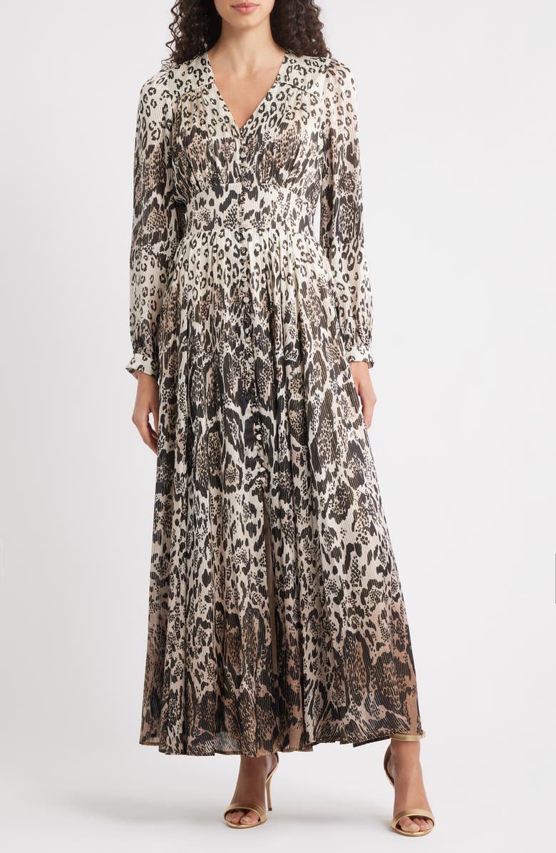 Elie Tahari The Alba Metallic Long Sleeve Silk Maxi Dress, Main, color, Sunset Leopard