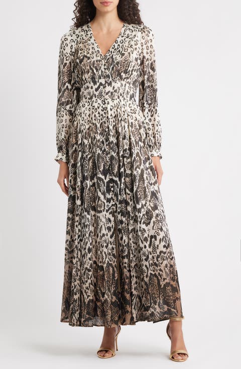 The Alba Metallic Long Sleeve Silk Maxi Dress