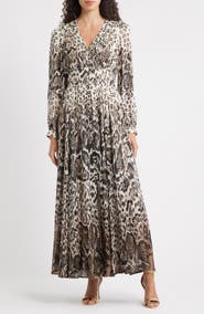 Elie Tahari The Alba Metallic Long Sleeve Silk Maxi Dress