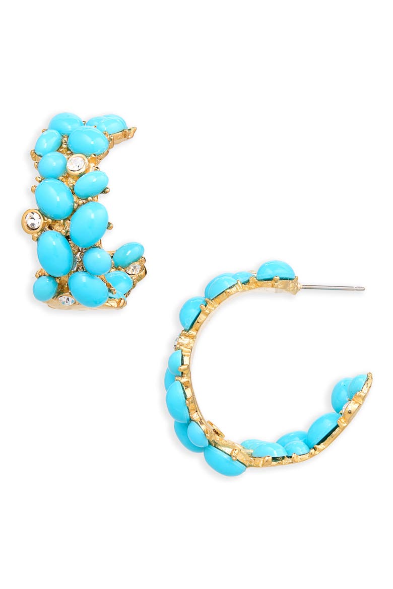 Turquoise Cabochon & Crystal Hoop Earrings, Main, color, GOLD