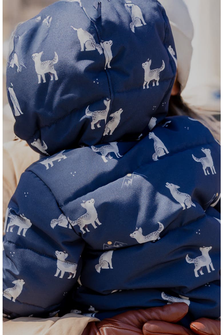 Wolf Pup Hooded Water Repellent Puffer Snowsuit, Alternate, color, NAVY