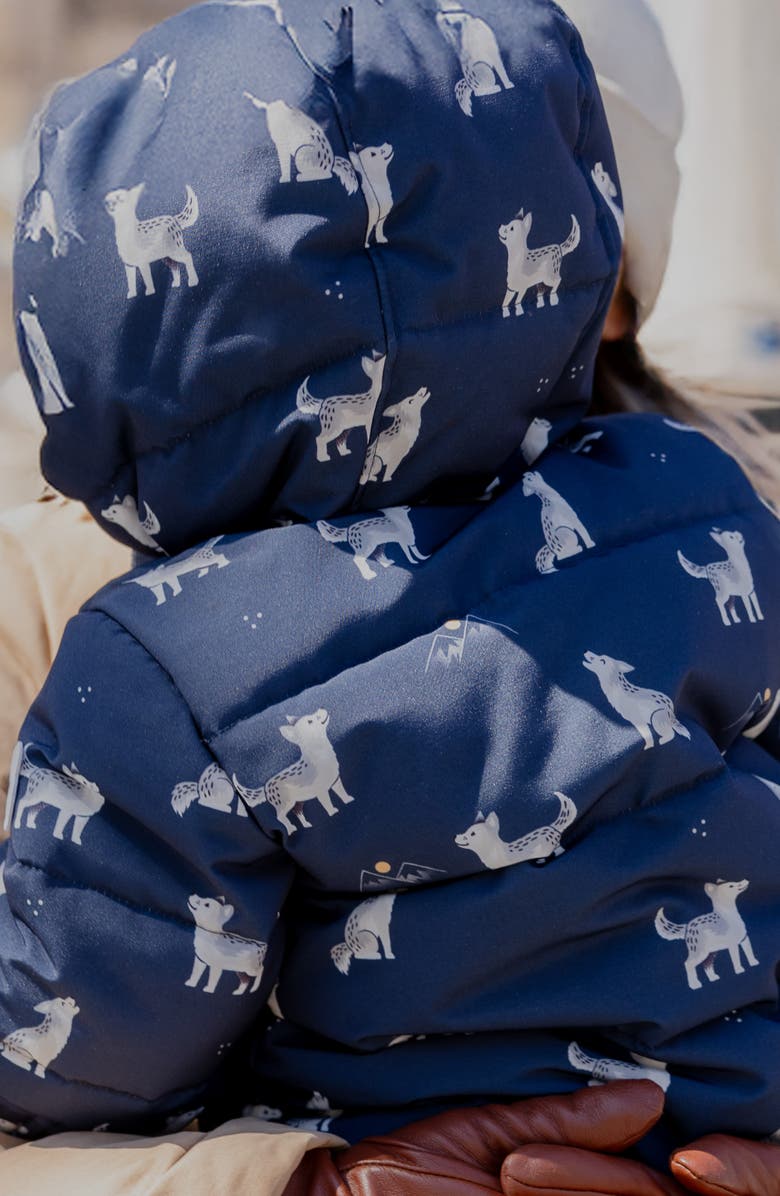 FIRSTS by Petit Lem Wolf Pup Hooded Water Repellent Puffer Snowsuit, Alternate, color, Navy