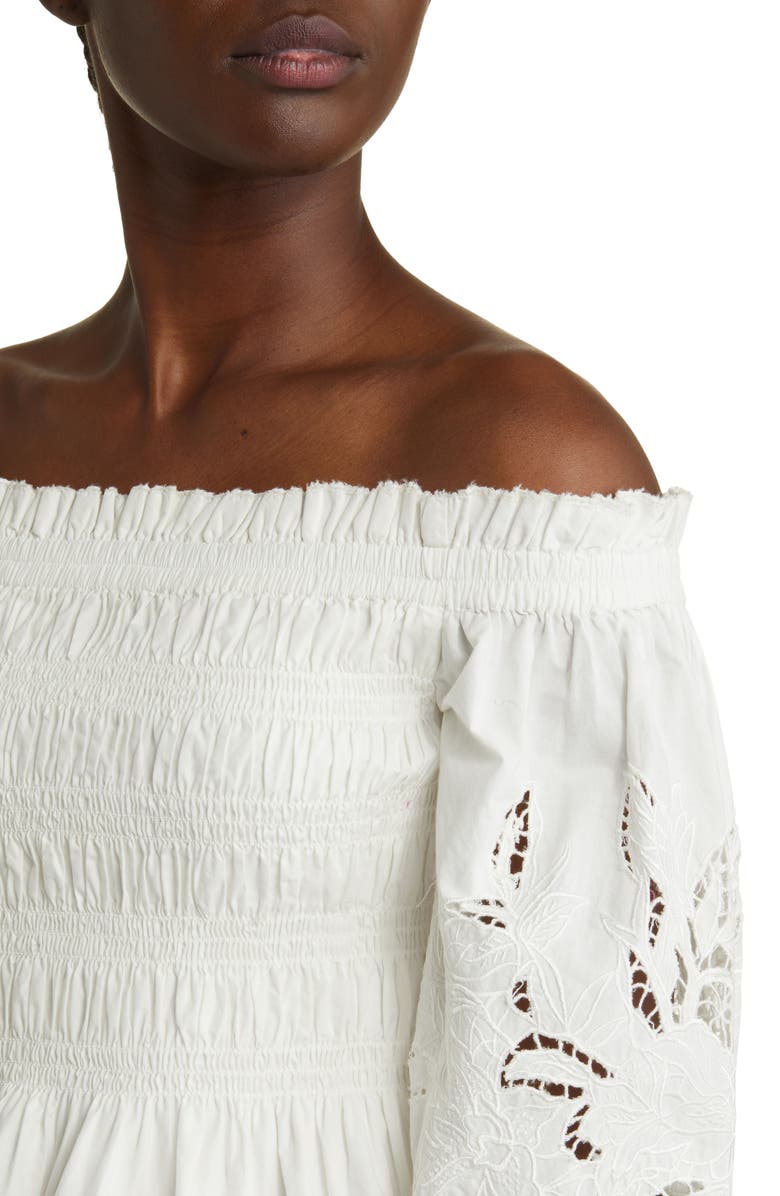AllSaints Lara Smocked Eyelet Embroidered Off the Shoulder Top, Alternate, color,