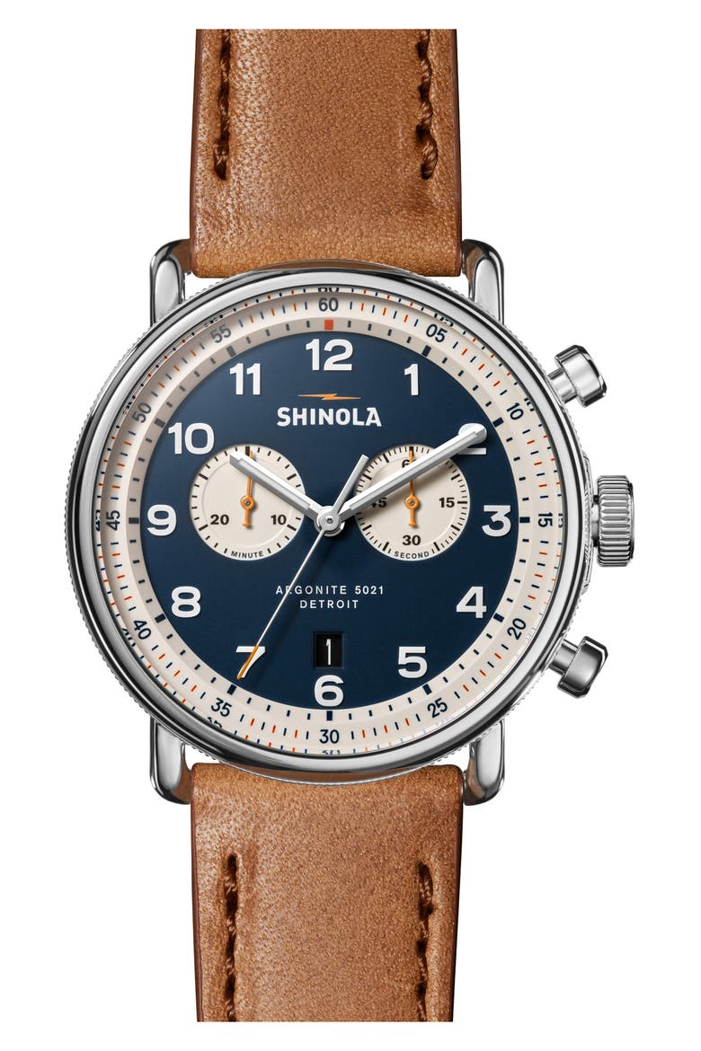 Canfield Model C56 Chronograph Leather Strap Watch, 43mm, Main, color, BLUE