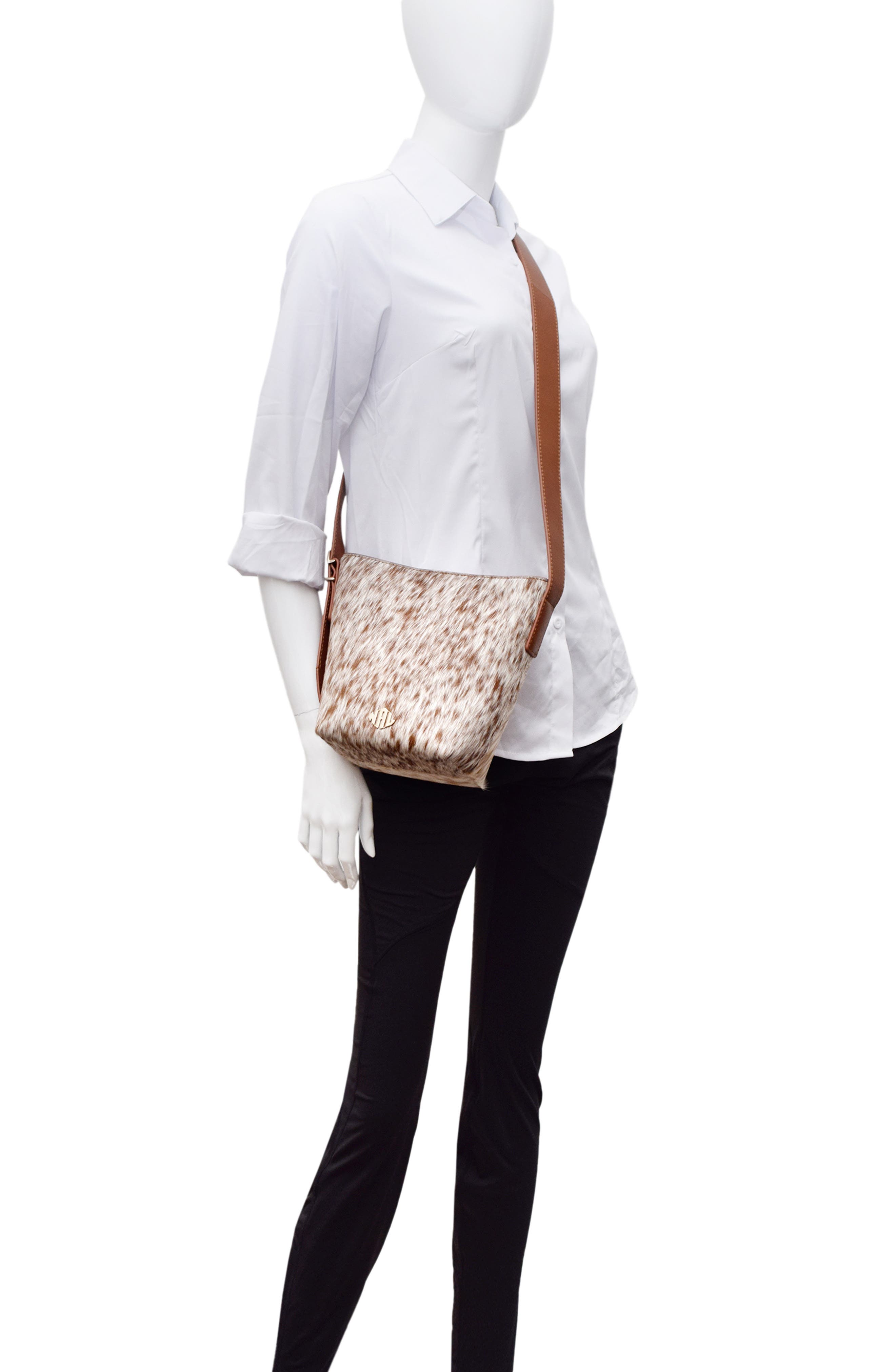 New Amsterdam Leatherworks Jayden Genuine Calf Hair Bucket Bag, Alternate, color, Chestnut/ Ivory