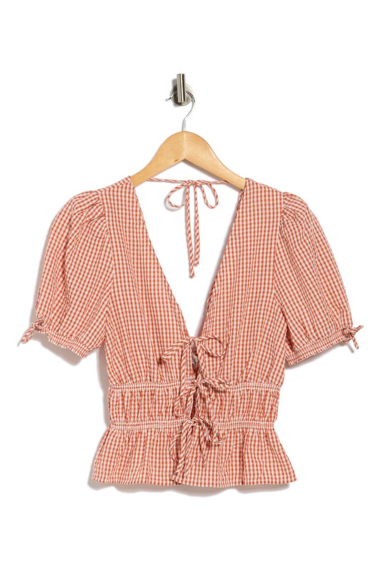 Gingham Short Sleeve Tie Front Top, Alternate, color, CLAY SEERSUCKER