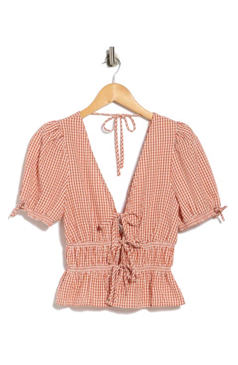 Gingham Short Sleeve Tie Front Top