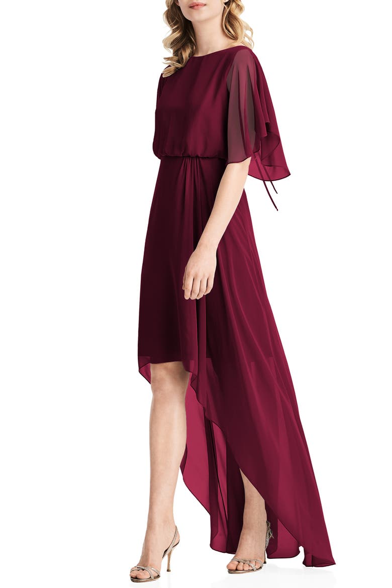 Flutter Sleeve High/Low Chiffon Gown, Main, color, CABERNET