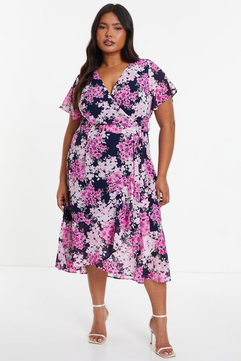 Floral Print Midi Dip Hem Dress, Main, color, Blue