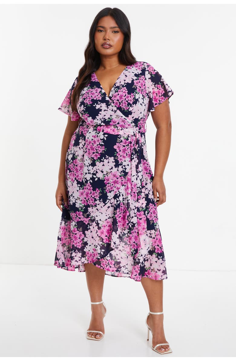 QUIZ Floral Print Midi Dip Hem Dress, Main, color, 