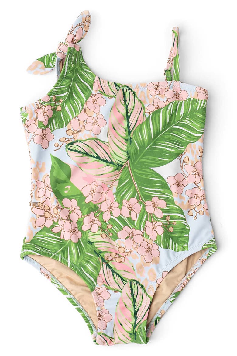 Kids' Botanical Palms One-Shoulder One-Piece UPF 50+ Swimsuit, Main, color, GREEN MULTI