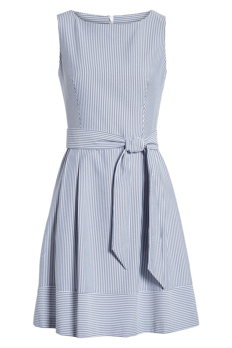 Seersucker Sleeveless Fit & Flare Dress, Alternate, color, MOON GREY/ WHITE
