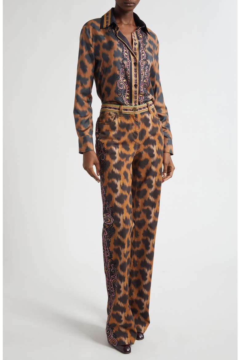 Leopard Silk Twill Button-Up Shirt, Alternate, color, DARK BROWN