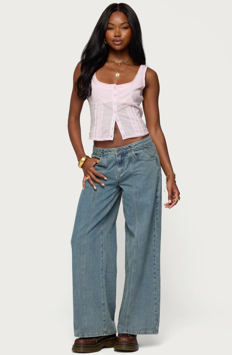 EDIKTED Lace Inset Clip Dot Cotton Button-Up Shirt, Alternate, color, Light-Pink