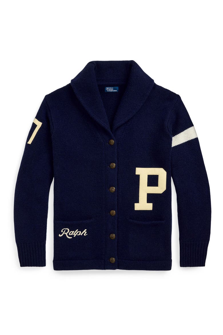 Varsity Long Wool Cardigan, Alternate, color, NAVY W/ IVORY STRIPE