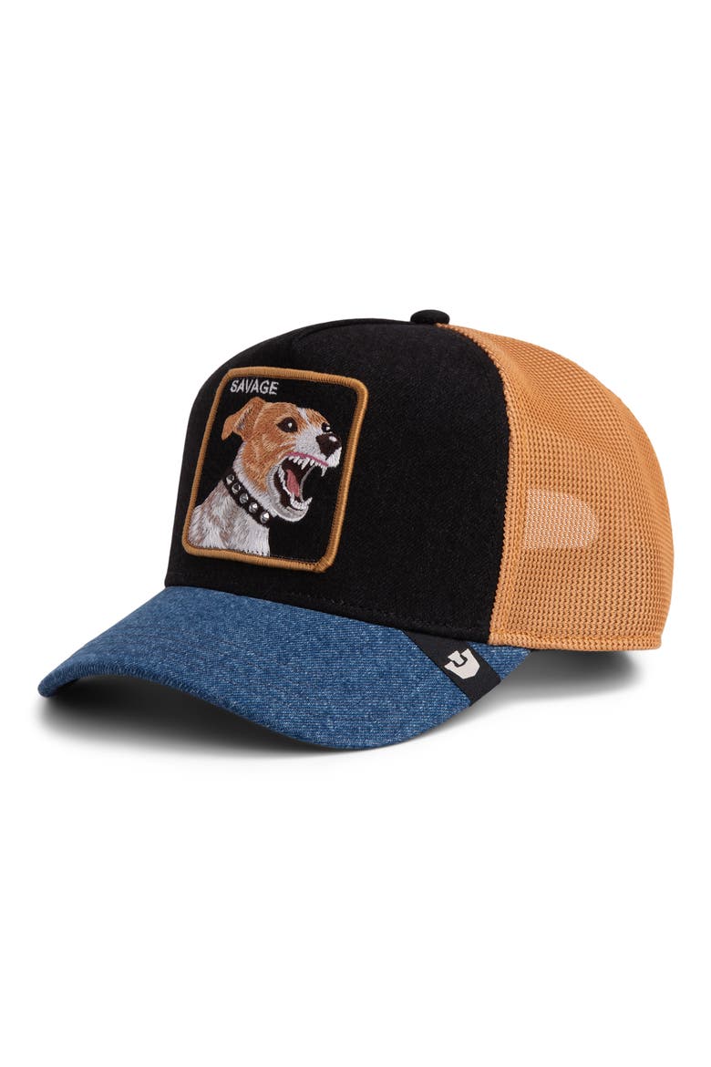 Savage Dawg Patch Denim Snapback Trucker Hat, Main, color, BLACK DENIM