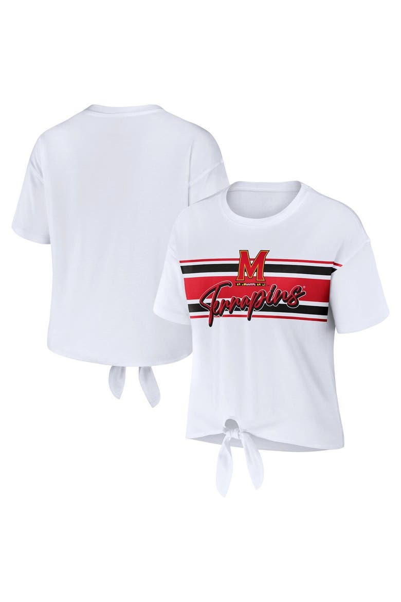 Women's WEAR by Erin Andrews White Maryland Terrapins Striped Front Knot Cropped T-Shirt, Main, color, White