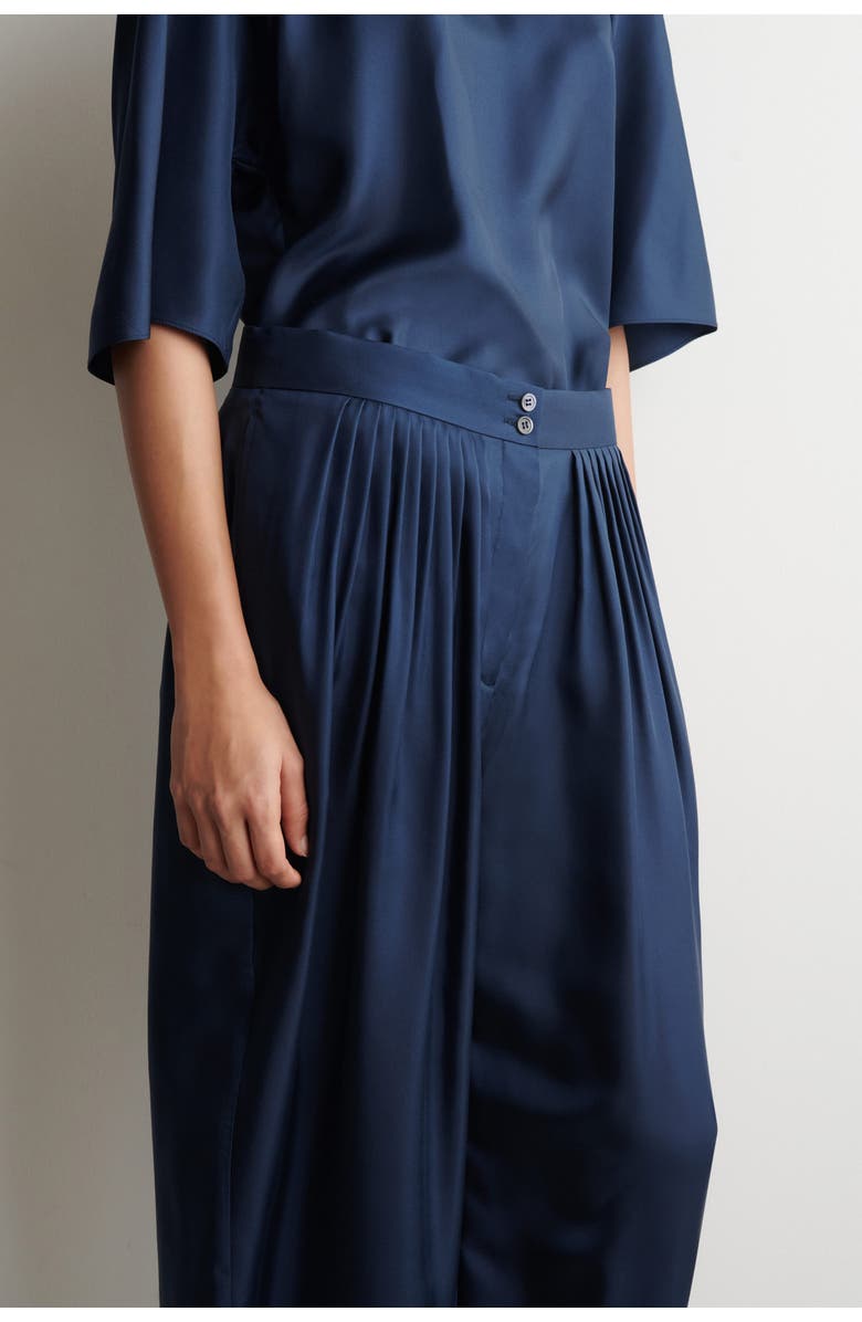 COS Draped Pleated Silk Straight-leg Trousers, Alternate, color, Navy