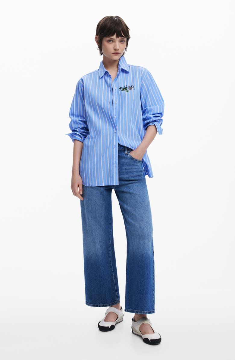 Desigual Stripe Cotton Graphic Button-Up Shirt, Alternate, color, Light Blue