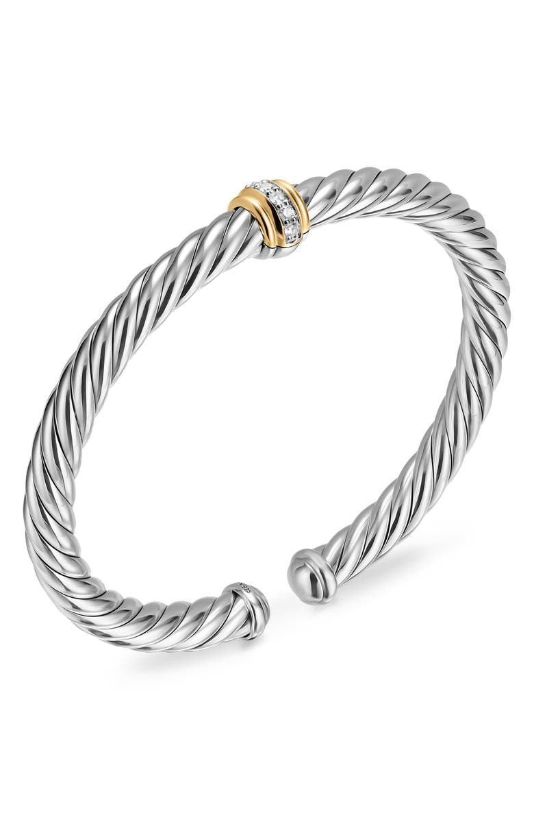 David Yurman Cable Flex Center Station Bracelet in Sterling Silver with 14K Yellow Gold and Diamonds, 6mm, Alternate, color, Silver Pave