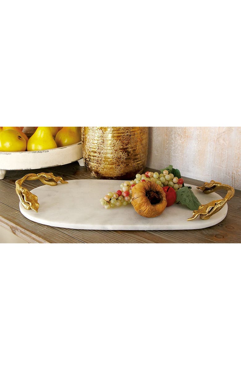 WILLOW ROW White Marble Glam Tray with Goldtone Twisted Leaf Handles, Alternate, color, White