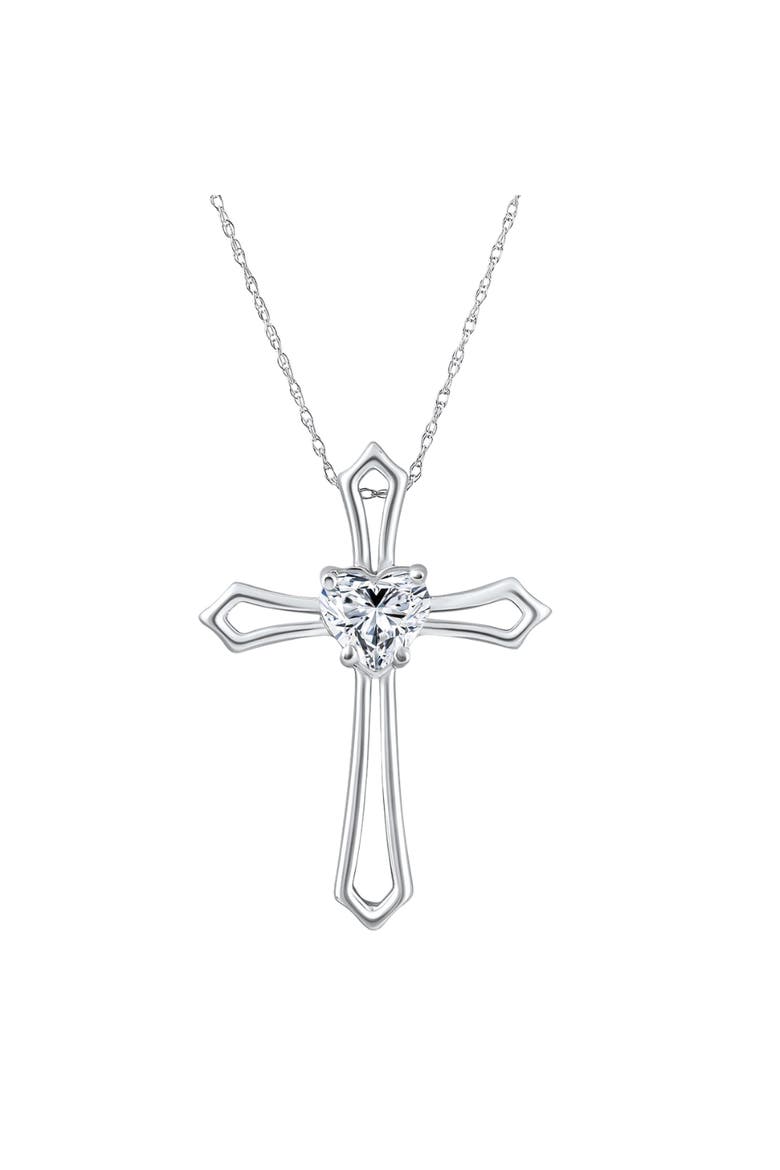 1Ct Cross Solitaire Heart Shape Diamond Necklace Gold Womens Necklace 1" Tall, Main, color, 10k White Gold