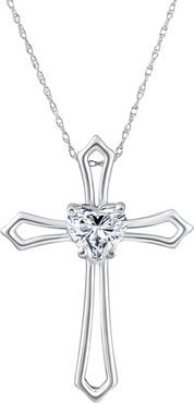 Bliss Diamond 1Ct Cross Solitaire Heart Shape Diamond Necklace Gold Womens Necklace 1" Tall