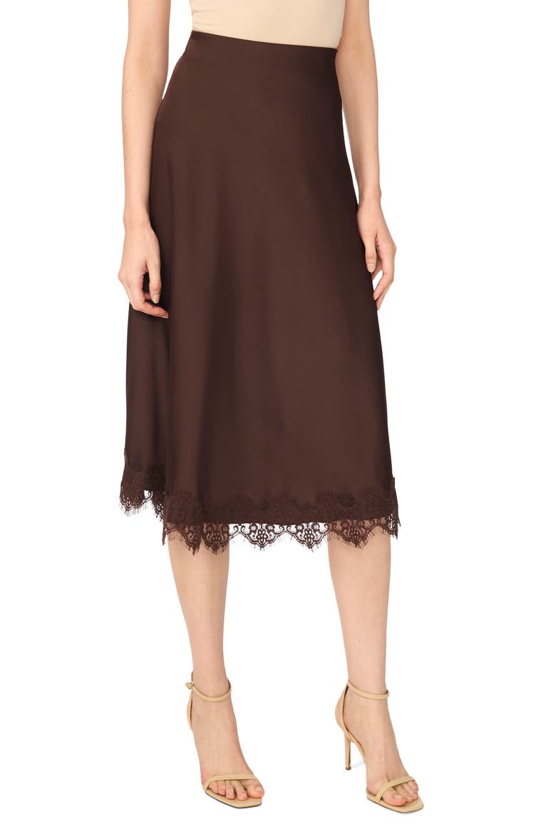 Lace Trim Satin Skirt, Main, color, COFFEE BEAN