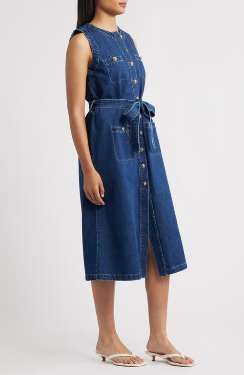 Zoe And Claire Sleeveless Belted Denim Dress In Blue