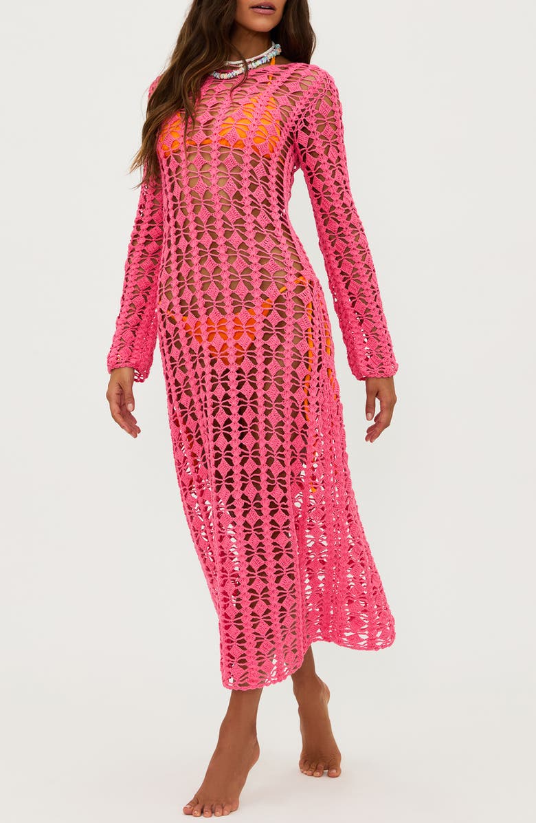 Beach Riot Ariana Open Stitch Cotton Cover-Up Dress, Alternate, color, Hot Coral