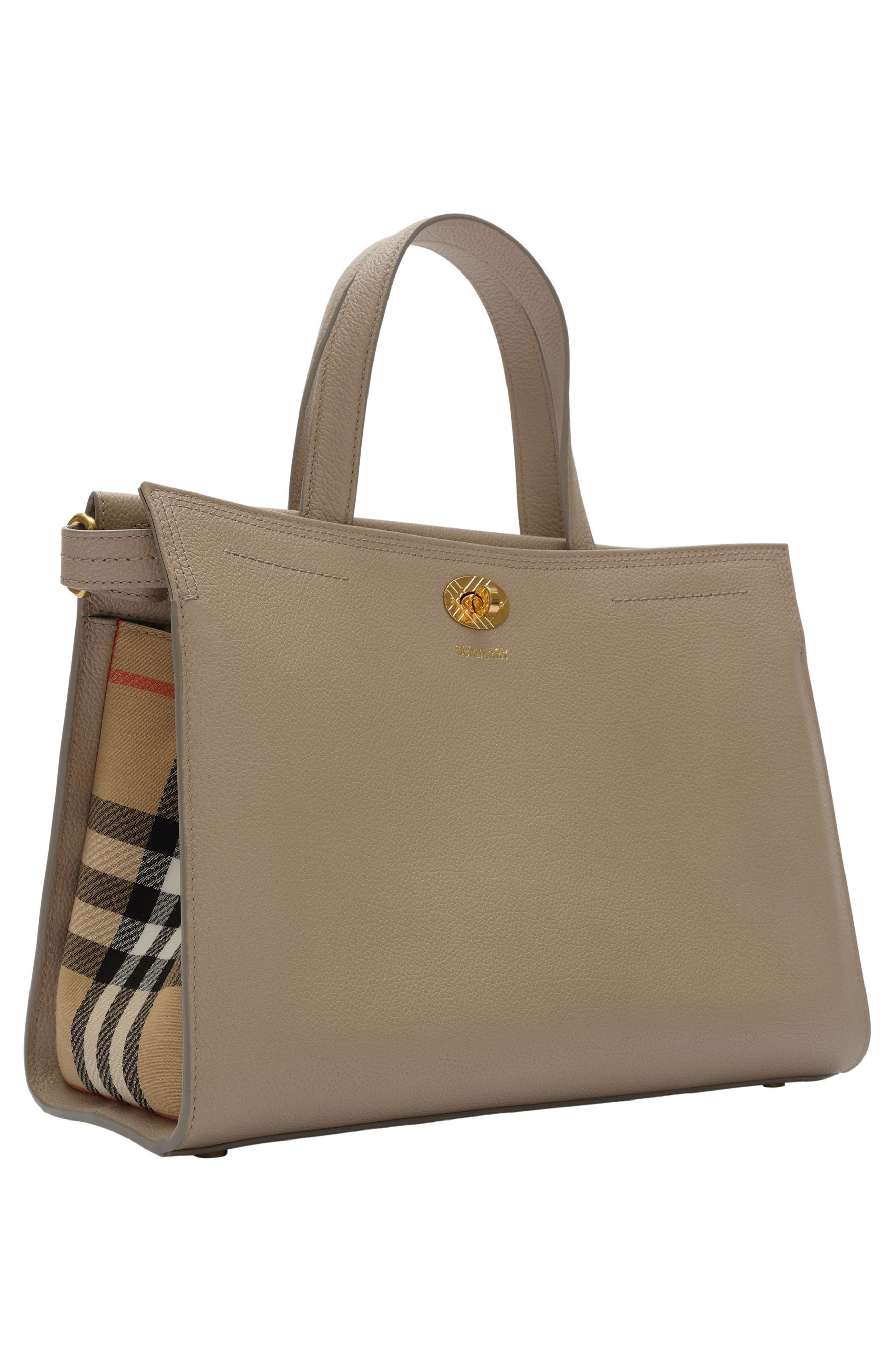 Small Cotswolds Leather & Check Canvas Tote, Alternate, color, MUSHROOM