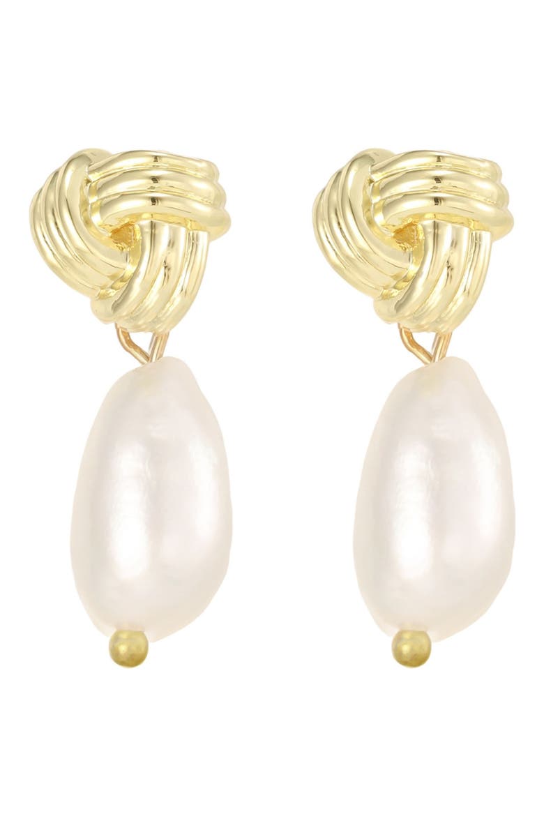 14k Gold Plated Freshwater Pearl Love Knot Drop Earrings, Alternate, color, GOLD