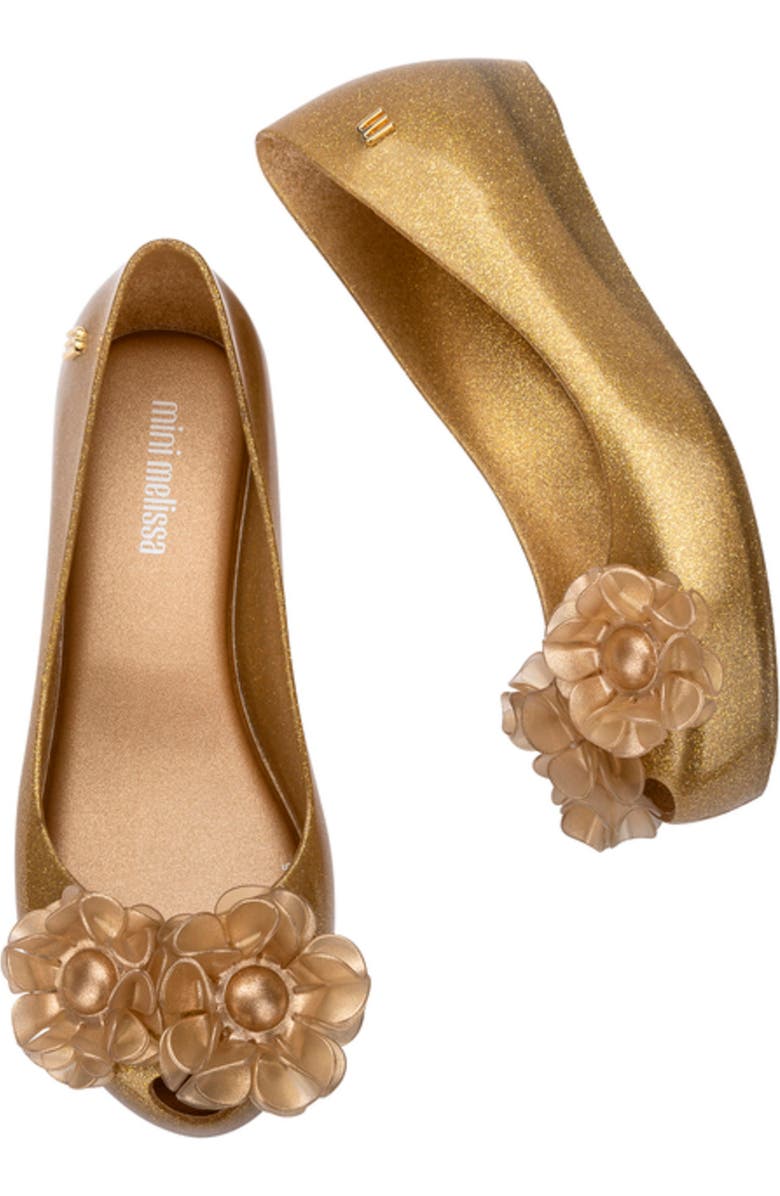 Mini Melissa Kids' Mini Ultragirl Springtime Flat, Alternate, color, Beige Glitter