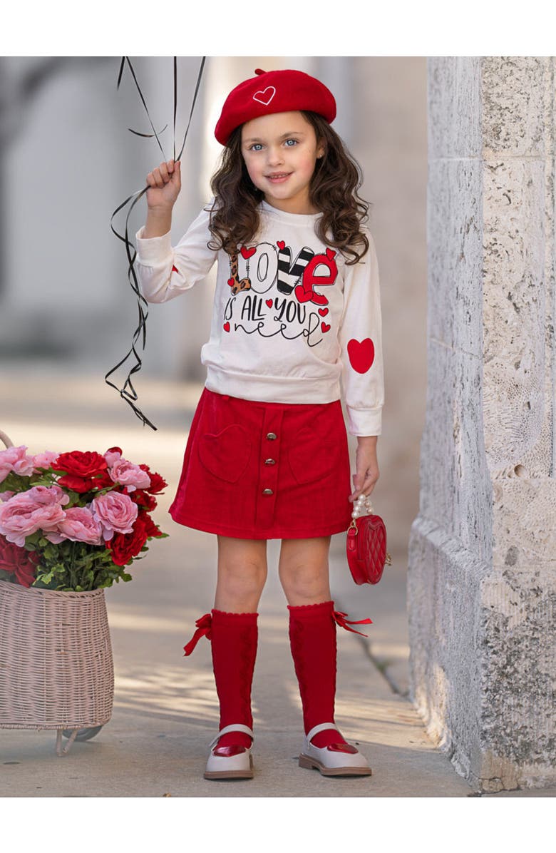 Mia Belle Girls Love Is All You Need Sweater and Red Skirt Set, Alternate, color, 