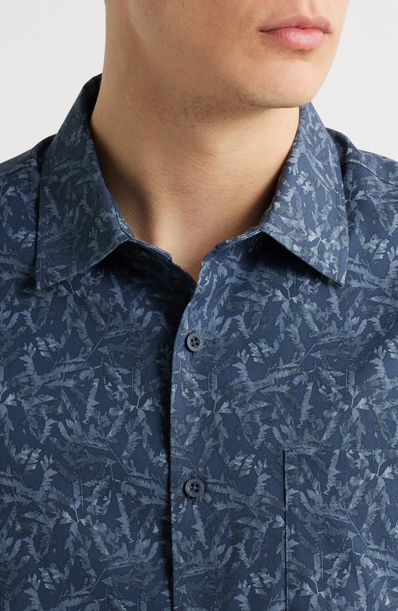 Nordstrom Leaf Print Short Sleeve Stretch Button-Up Shirt, Alternate, color, Navy Botanical Shadow