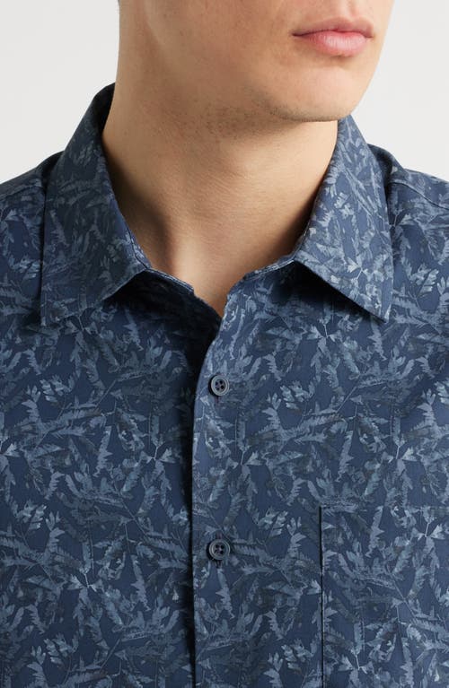 Nordstrom Leaf Print Short Sleeve Stretch Button-up Shirt In Navy Botanical Shadow
