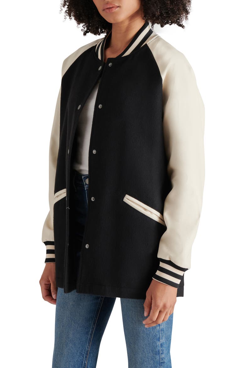 Skylie Faux Leather Sleeve Twill Stadium Bomber Jacket, Alternate, color, BLACK