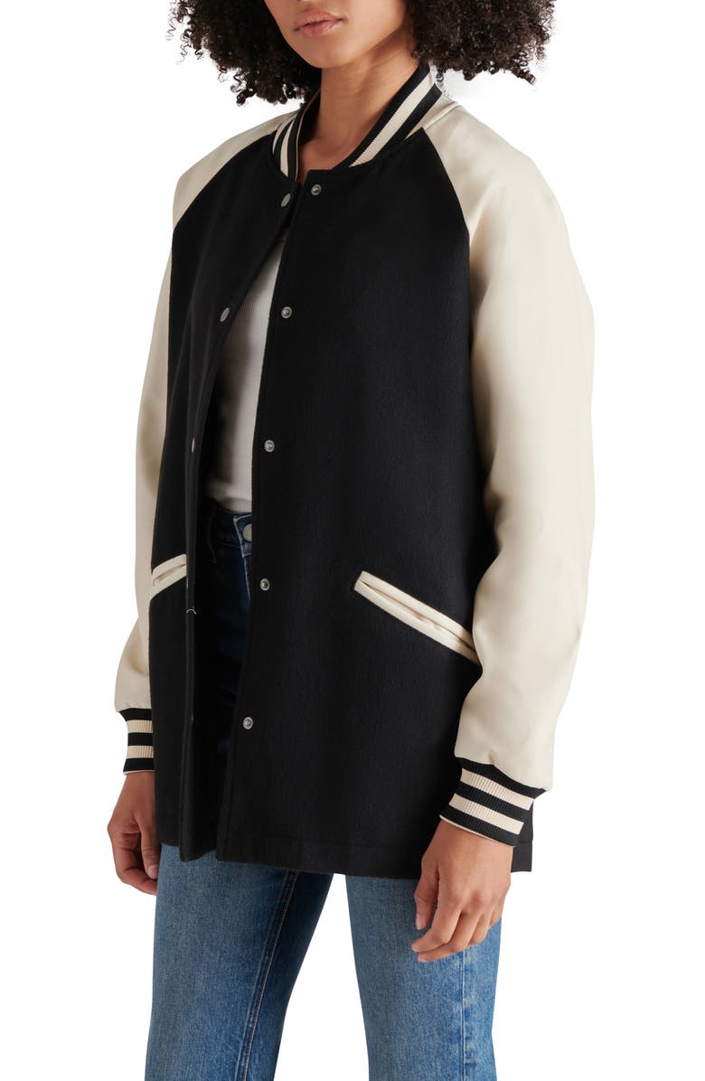 Steve Madden Skylie Faux Leather Sleeve Twill Stadium Bomber Jacket, Alternate, color, 
