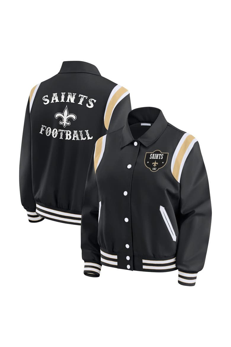 Women's WEAR by Erin Andrews Black New Orleans Saints Varsity Lightweight Full-Snap Jacket, Main, color, Black