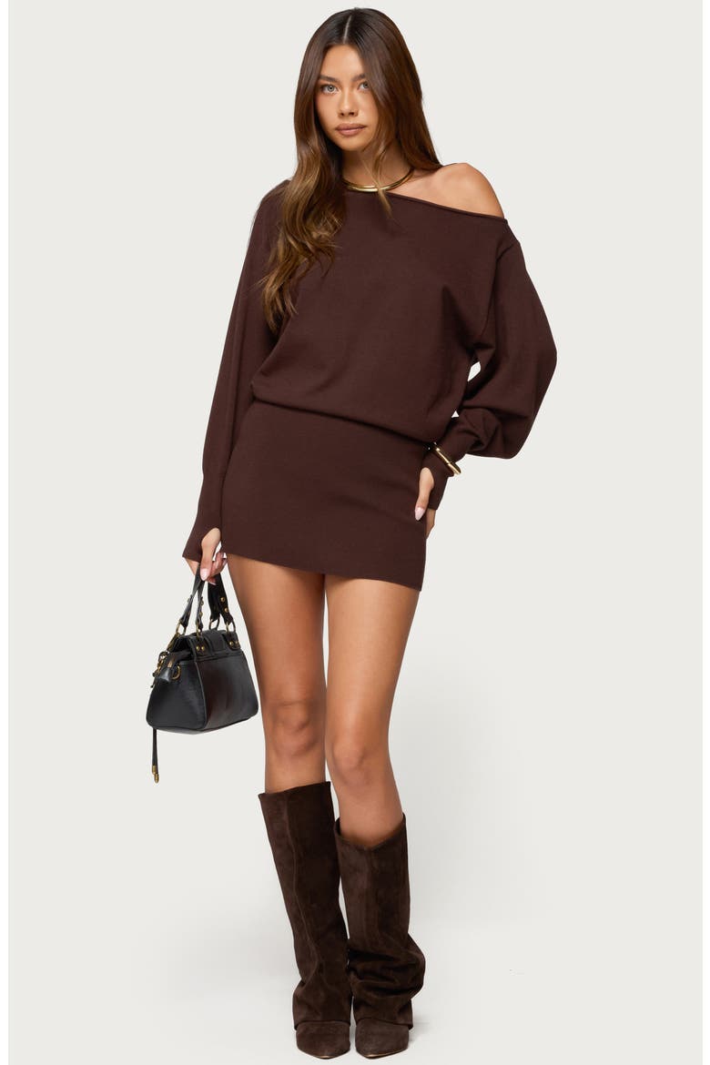 Eve Off the Shoulder Long Sleeve Knit Minidress, Alternate, color, DARK-BROWN