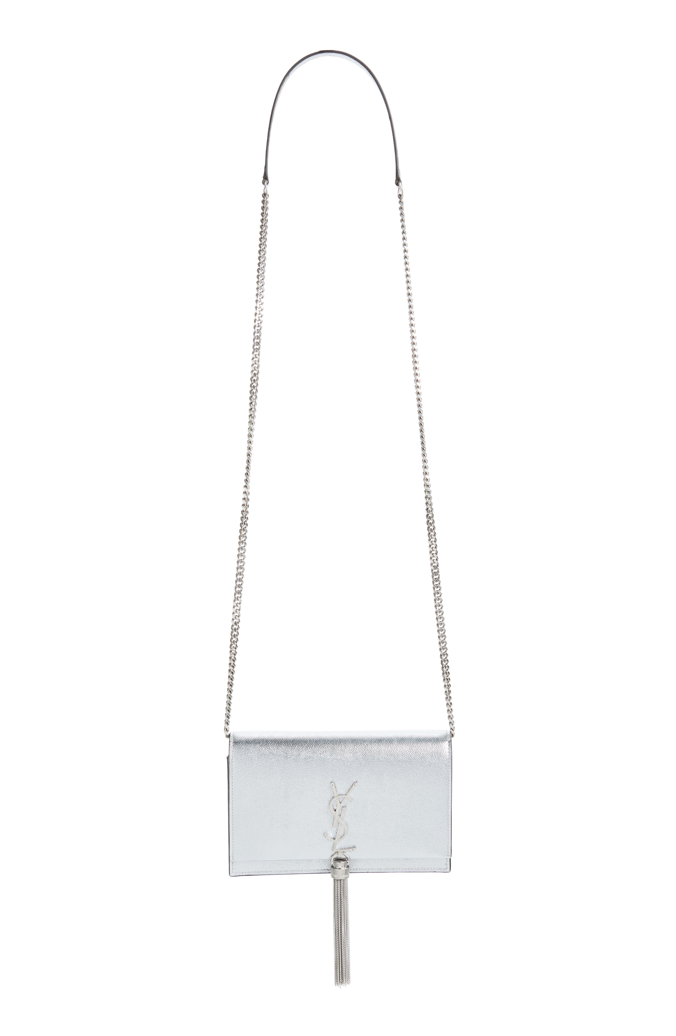Kate Metallic Leather Wallet on a Chain, Alternate, color, ARGENTO/ NERO/ NERO