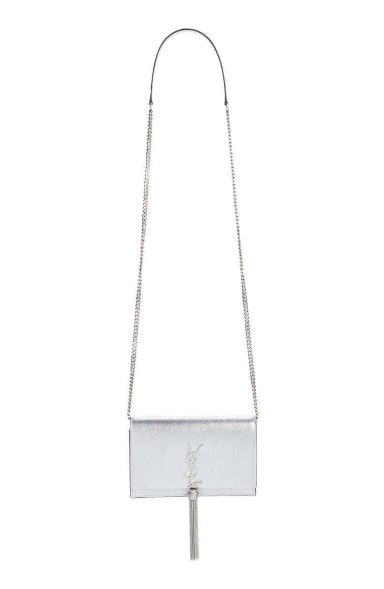 Saint Laurent Kate Metallic Leather Wallet on a Chain, Alternate, color, 