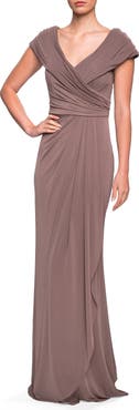 La Femme Ruched Jersey Long Gown with V-Neckline