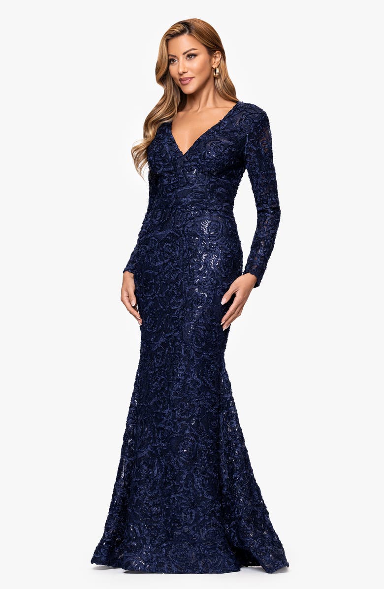 Xscape Evenings Sequin & Soutache Long Sleeve Mermaid Gown, Alternate, color, Navy