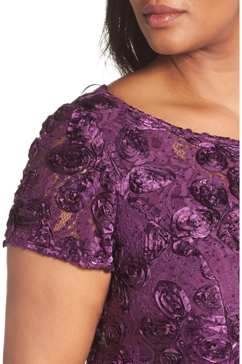 Rosette Lace Short Sleeve A-Line Gown, Alternate, color, EGGPLANT
