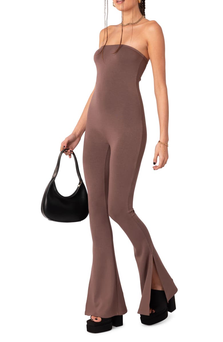 EDIKTED Melina Strapless Flared Split Hem Jumpsuit, Alternate, color,